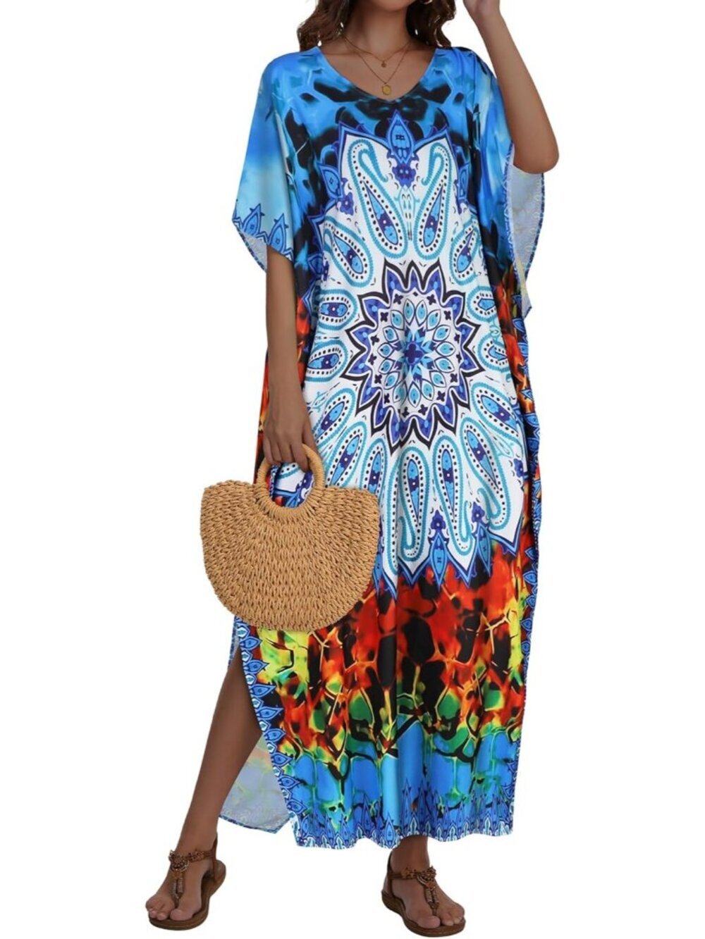 〽️Women's Blue Boho Print Plus Size V Neck Caftan Long Batwing Sleeve Cover Up